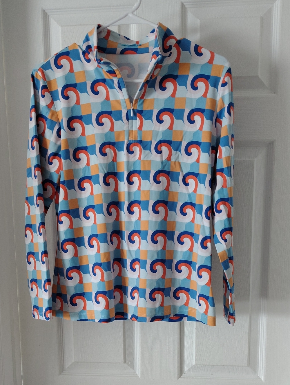 J. McLaughlin Quarter Zip In Blue Coral Deco Crest Pullover Top Size Large
